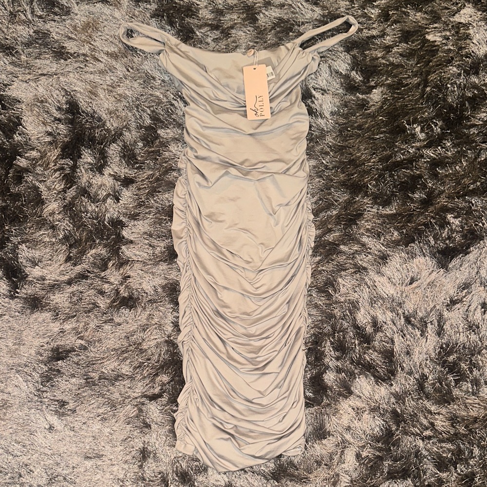 Oh Polly Light Gray Ruched Midi Dress